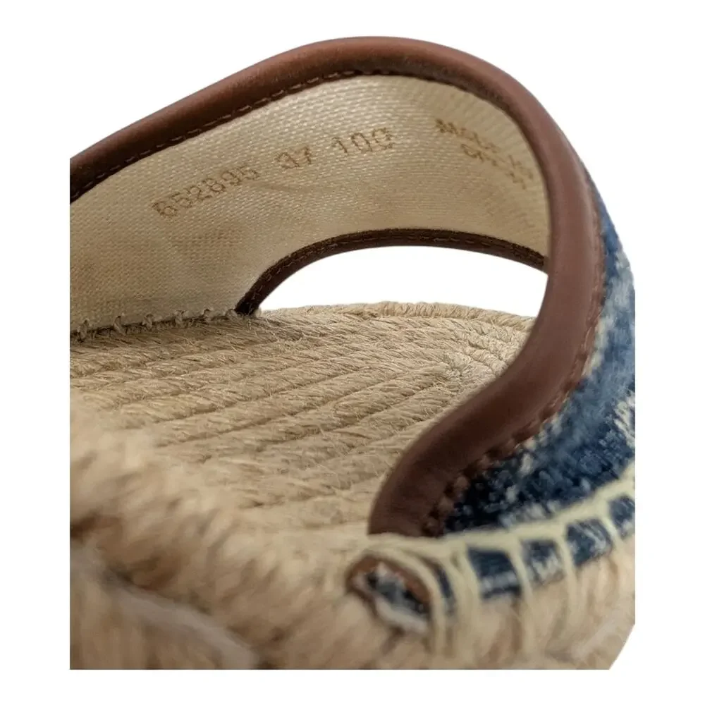 Gucci Pilar GG Monogram Denim D'Orsay Espadrille Wedge Heel Sandal Blue Tan 37